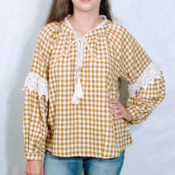 🔴 Mustard Yellow Gingham Plaid Boho Peasant Top - Picture 6 of 8
